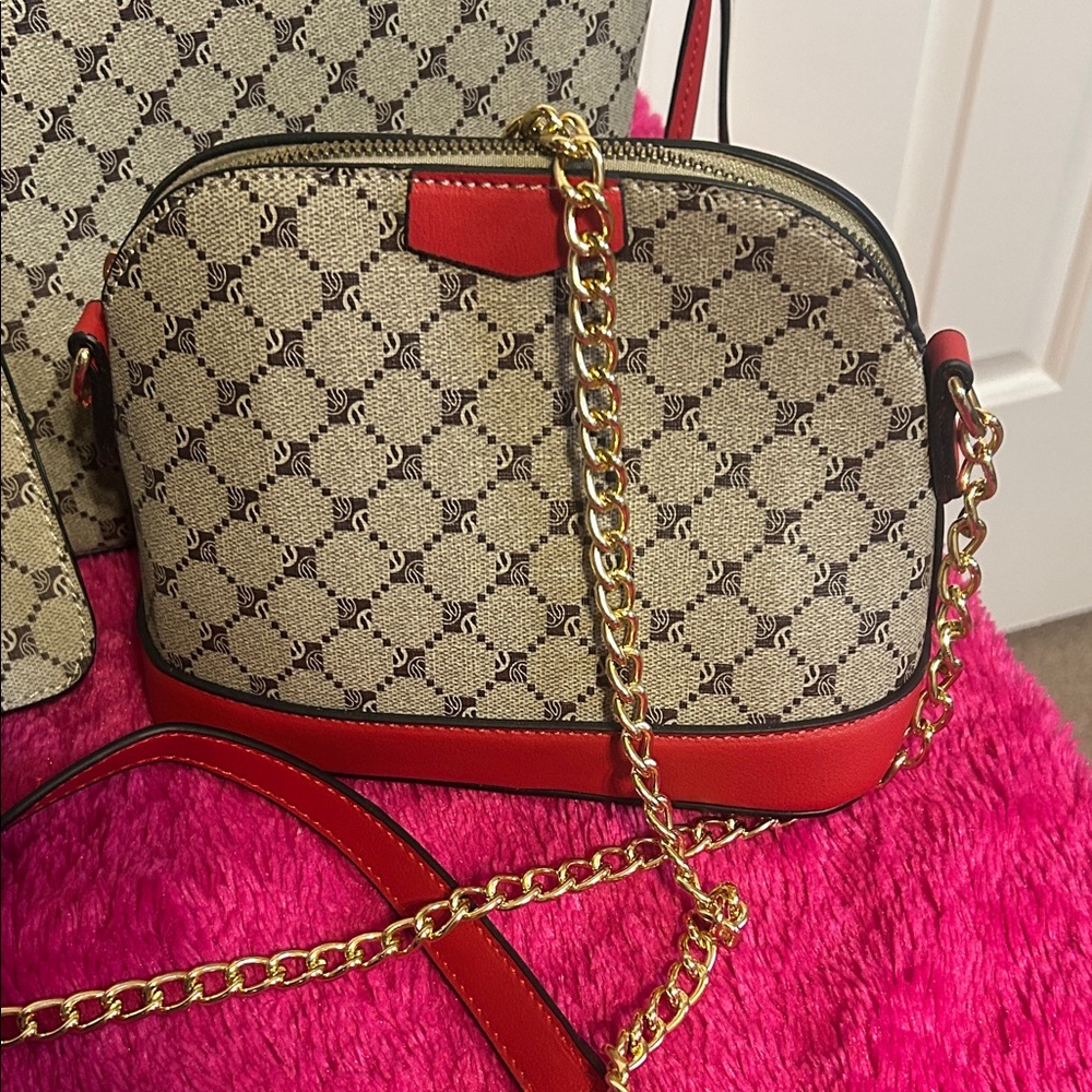 Bagallini | NWOT | Elegant Tan and Red Tote Bag Set - Picture 2 of 4